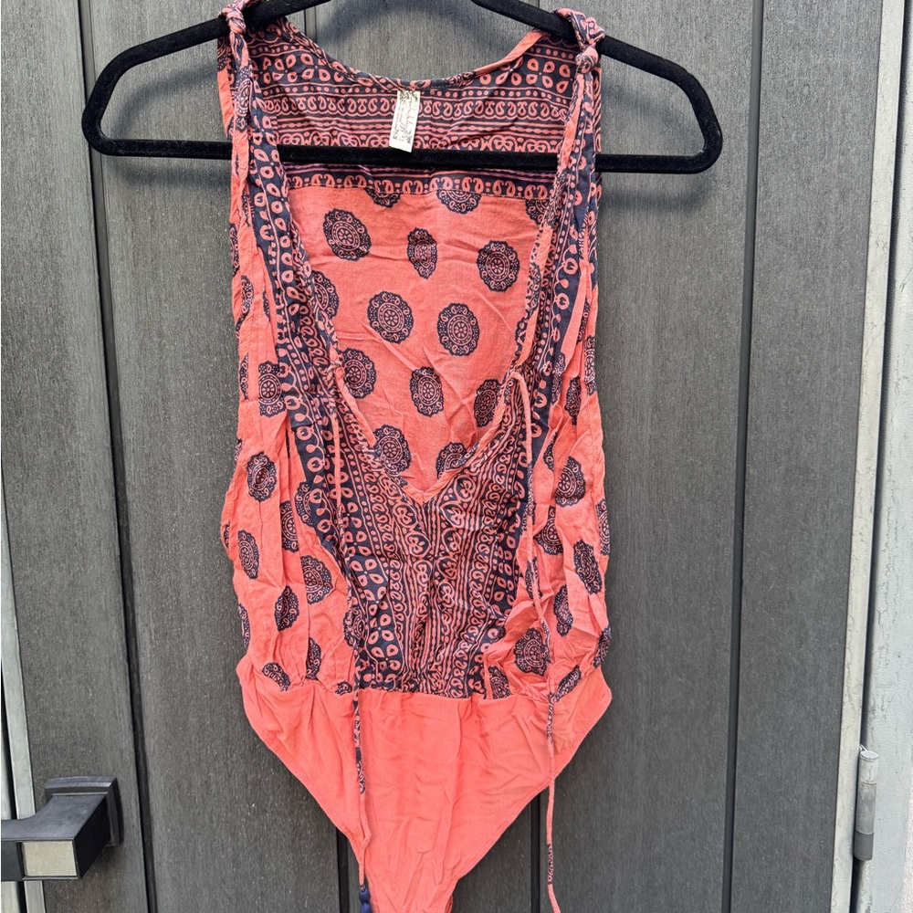 Free People Pink and Navy Patterned Tank Bodysuit